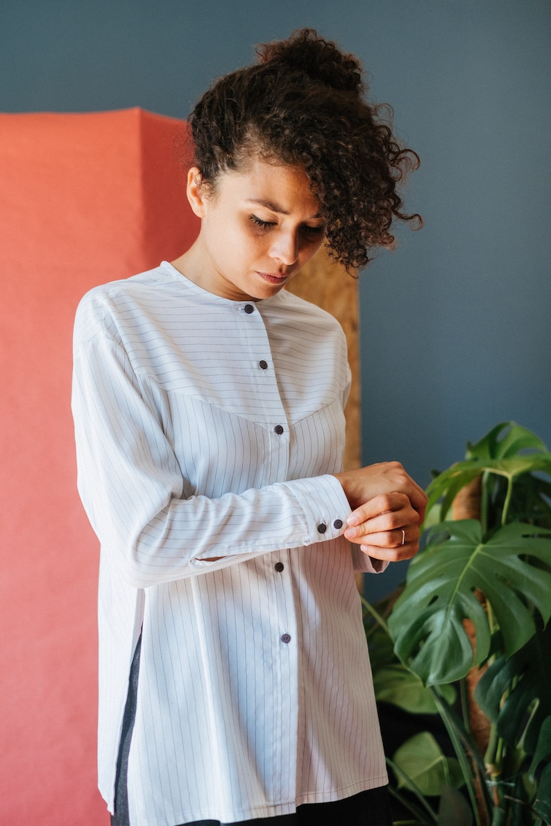 Nami shirt in white pinstripe cotton with side slit long sleeves with cuffs with buttons japanese inspired blouse oversize blouse