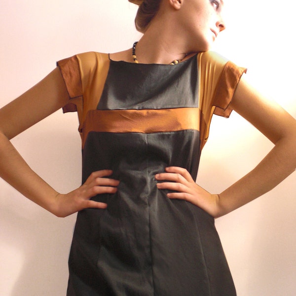 RESERVED FOR LINDAEGAN Black, Rust and Vanilla Geometric Vintage inspired Silk Dress