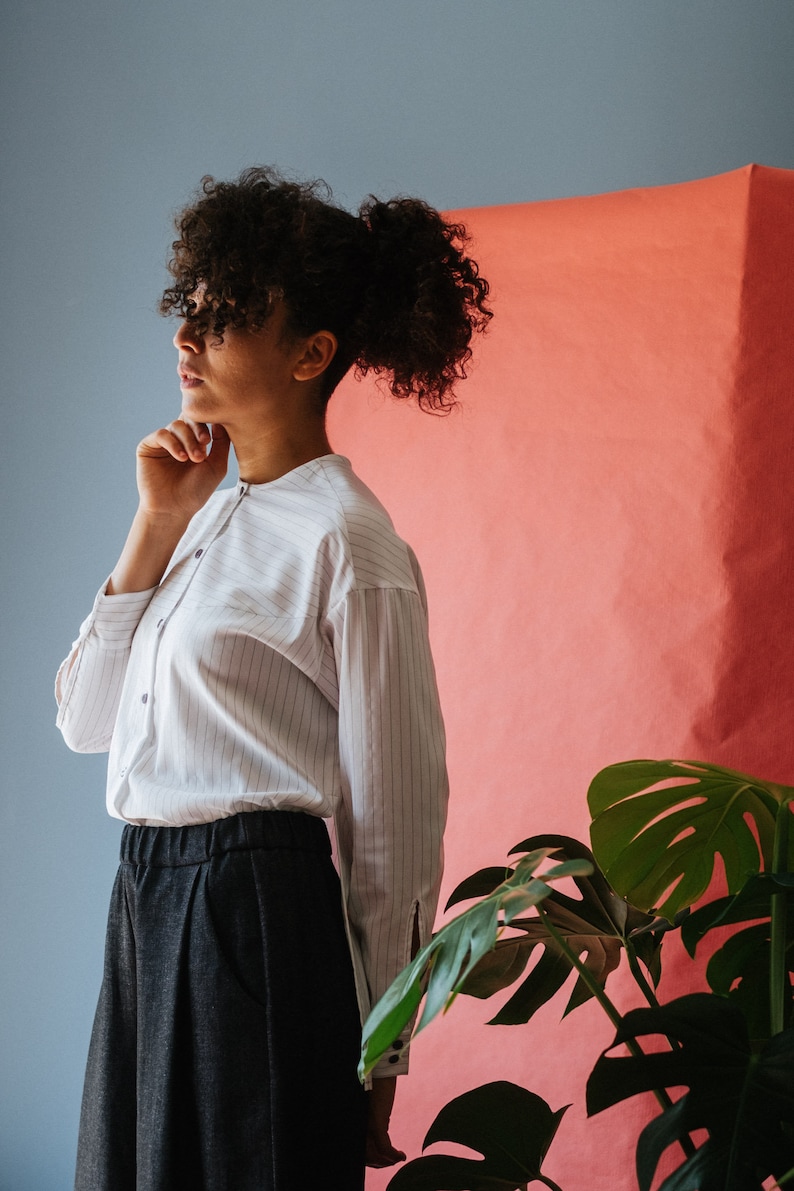 Nami shirt in white pinstripe cotton with side slit long sleeves with cuffs with buttons japanese inspired blouse oversize blouse