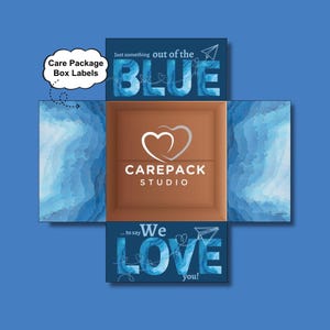 May include: A flat-packed cardboard box with blue watercolour designs on the outside. The box has the text "Just something out of the BLUE" and "We LOVE you!" with the Carepack Studio logo visible inside.