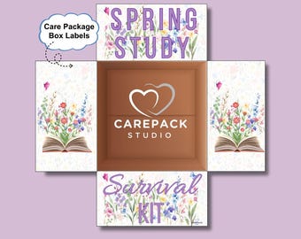 May include: Care package box labels with floral designs and the text "Spring Study" and "Survival Kit". The box has a brown interior and the Carepack Studio logo. The labels have a watercolour style with colourful flowers.