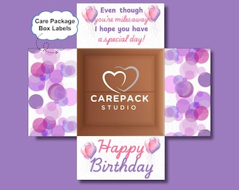 Girl Birthday Care Package Label, Purple Pink Instant Download Printable Box Flaps, Friend Military College Student Missionary Birthday Box