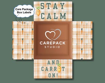 May include: An unfolded cardboard box with a carrot design. The box has the phrases "STAY CALM" and "AND CARROT ON!" with a cartoon carrot illustration. The interior of the box displays the "CAREPACK STUDIO" logo.
