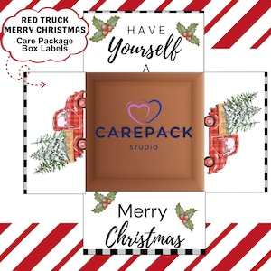 Christmas Red Truck Care Package Labels, Printable Decoration for Box Flaps, Black Buffalo Check Holiday Christmas Gift Box College Military