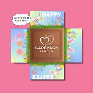 May include: An open cardboard box with Easter-themed designs. The box features illustrations of bunnies, eggs, flowers, and the words "HAPPY" and "EASTER." The inside of the box has the "CAREPACK STUDIO" logo.