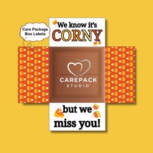 We Know It's Corny But We Miss You Fall Care Package Box Labels Autumn Candy Corn Themed Printable Box Flaps Military College Student Gift
