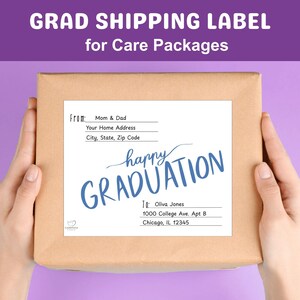 Etiqueta de dirección de envío de graduación para caja de paquete de cuidado, etiqueta de envío exterior imprimible, descarga instantánea, graduado universitario, graduación de último año