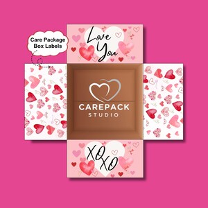 May include: An open cardboard box with pink flaps decorated with hearts and the phrases "Love You" and "xoxo." The inside of the box is brown with the "CAREPACK STUDIO" logo. The box is designed for care package box labels.