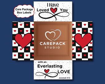May include: An open cardboard box with a brown interior and a white exterior decorated with red hearts and black and white checkerboard patterns. The box has text that reads "I Have Loved You" and "with an Everlasting LOVE". The Carepack Studio logo is visible.