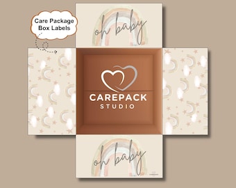 Oh Baby Care Package Label Printable Boho Rainbow Box Flaps Newborn Baby Shower Gift Box Decor Girl Boy Infant Birth Celebration Party Mom