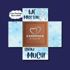 We Miss You Snow Much Winterverzorging Pakketlabels, afdrukbare doosflapdecoraties Sneeuwpopthema voor school-, leger- of langeafstandscadeaus