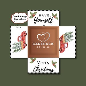 Christmas Red Truck Care Package Labels, Printable Decoration for Box Flaps, Black Buffalo Check Holiday Christmas Gift Box College Military