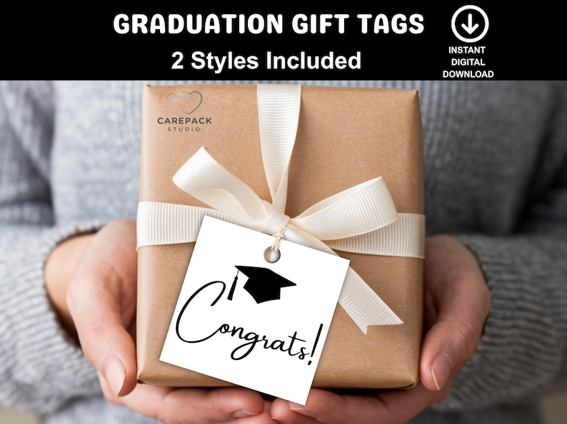 Minimalist Graduation Gift Tags, Printable Congrats Black Grad Square ...