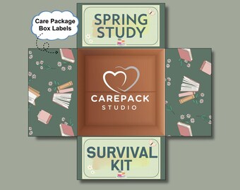 May include: An open cardboard box with a brown interior and green floral patterned exterior. The box is labelled "Spring Study" and "Survival Kit". The Carepack Studio logo is in the centre of the box.