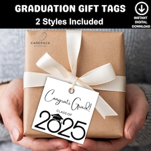 Étiquette-cadeau Félicitations pour les diplômés de la promotion 2025, étiquette-cadeau carrée de remise des diplômes noire imprimable, étiquette volante pour des faveurs de diplômés, cadeau pour les diplômés du secondaire