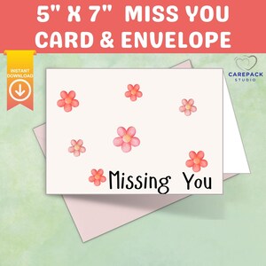 Floral wenskaart 5 x 7, direct downloaden, afdrukbare blanco notitiekaart voor zorgpakket, Miss You Card College eerstejaarsstudent, afdrukbare envelop
