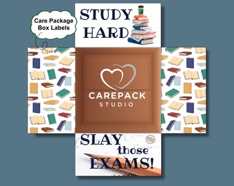 Study Hard Exam Care Package Labels, DIY College Finals Survival Kit, Box Flap Labels Final or Midterm Box Idea, College Student Motivation