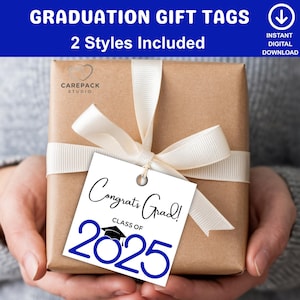 Étiquette-cadeau Félicitations pour les diplômés de la promotion 2025, étiquette-cadeau carrée de remise des diplômes bleue imprimable, étiquette volante pour des faveurs de diplômés, cadeau pour les diplômés du secondaire