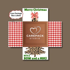 Merry Christmas with a Bow and Hug Care Package Box Labels Printable Holiday Care Pack Decorations Leopard Print Tree College Girl Daughter