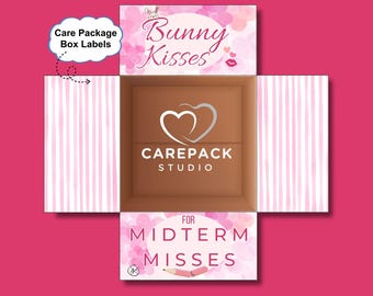 May include: An open cardboard box with pink and white striped sides and a brown interior. The box features labels with the text "Bunny Kisses" and "For Midterm Misses." The Carepack Studio logo is visible inside the box.