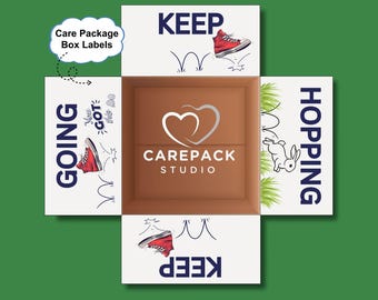 May include: Care package box labels with the words "KEEP", "GOING", and "HOPPING". The labels feature illustrations of red trainers, a bunny, and the Carepack Studio logo.