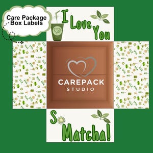 Matcha-theeverzorgingspakket labelkit afdrukbare Love You versierde doosflappen voor universiteitsstudent theeliefhebbers Geschenkdoosidee