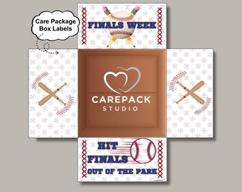 Hit Finals Out of the Park Care Package Box Labels Baseball Theme Printable Box Flap Download Exam Week College Athlete Boy Baseball Player