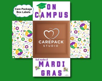 May include: Open cardboard box with white panels featuring text and graphics. The top panel reads "ON CAMPUS" with a graduation cap. The bottom panel says "but make it MARDI GRAS". The box sides have a colorful pattern.