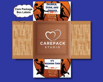 May include: A basketball-themed care package box with basketball court designs on the sides. The box features basketball silhouettes, hoops, and the phrases "Dribble, Dunk, and Devour" and "It's Madness Time!" The Carepack Studio logo is visible.