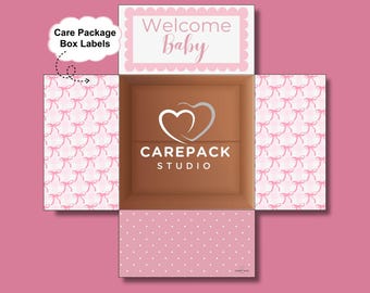 Baby Girl Gift Box Printable Box Flap Label Care Package Decorative Label Cute Bow Shower Theme Infant Arrival Newborn Daughter New Parents