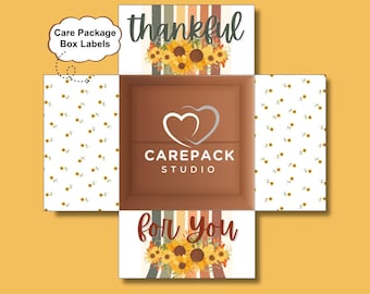 Etykieta na paczkę z podziękowaniami "Wdzięczni za Ciebie" do wydrukowania na Święto Dziękczynienia, natychmiastowe pobranie, motyw jesiennych słoneczników, rodzina gospodarzy w czasie rozmieszczenia wojskowego