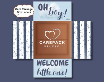 Baby Shower Gift Printable Box Flap Care Package Label Welcome Little Boy Newborn Son Gift Box Decoration New Parent Gift for Mom Blue