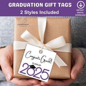 Étiquette-cadeau Félicitations pour les diplômés de la promotion 2025, étiquette-cadeau carrée de remise des diplômes violette imprimable, étiquette volante pour des faveurs de diplômés, cadeau pour les diplômés du secondaire