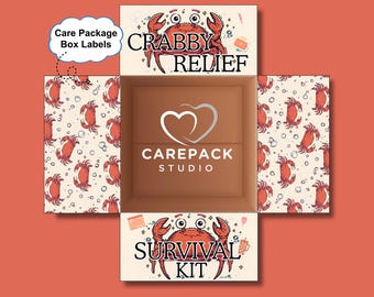 May include: An open cardboard box with a crab design. The box is labelled "Crabby Relief" and "Survival Kit". The interior features the "Carepack Studio" logo. The box's exterior has a repeating pattern of crabs and bubbles.