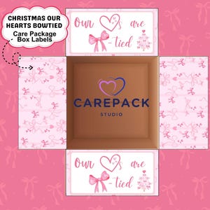 女の子のピンクのクリスマスホリデーケアパッケージラベル、ボックスフラップ用のピンクのリボンの印刷可能なデコレーション、ホリデーケアボックス、大学生の新入生