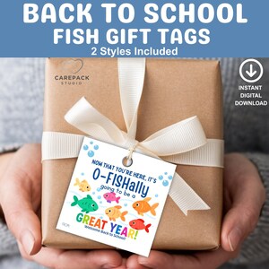 May include: A wrapped gift with a white ribbon and a gift tag. The tag reads "O-FISHally going to be a GREAT YEAR!" with colorful fish illustrations. Text at the top says "BACK TO SCHOOL FISH GIFT TAGS".