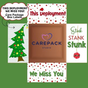 クリスマス ケア パッケージ ラベル、ボックス フラップ用の印刷可能なデコレーション、配備の悪臭のホリデー ボックス テーマ 軍人の配偶者、夫、妻