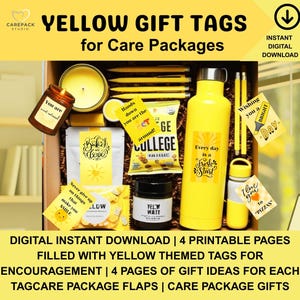 Etiquetas de regalo con diseño de sol amarillo para artículos de paquete de ayuda, etiquetas colgantes para regalos y golosinas imprimibles, etiquetas para regalos dentro de la caja de ayuda, etiquetas digitales