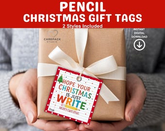 Christmas Pencil Gift Tags Printable DIY Holiday Favor Labels for School Teachers to Students Writing Utensil or Pen Classroom Gift Labels