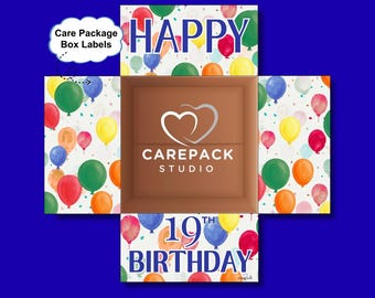 May include: Care package box labels with a birthday theme. The box is brown with the Carepack Studio logo. The box flaps are decorated with colourful balloons and the words "HAPPY" and "19th BIRTHDAY".