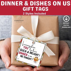 Afdrukbaar cadeaulabel diner en gerechten, bedankkaartje, personeelswaardering eindejaarskaartje, PTO-traktatie schoolaftakas, cadeaukaart restaurant restaurant