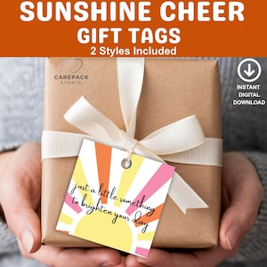 May include: A wrapped gift with a white ribbon and a gift tag. The tag has a sun design with the text "just a little something to brighten your day." The image also includes the text "SUNSHINE CHEER GIFT TAGS" and "INSTANT DIGITAL DOWNLOAD."