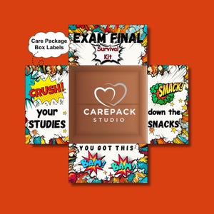 Comics Exam Survival Kit druckbares Etiketten-Kit, Etiketten für die Abschluss-Motivationsbox, Ermutigung für College-Studenten-Studienwoche, Etiketten für Pflegepakete