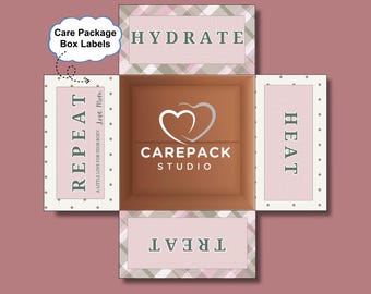 May include: An open, brown cardboard box with four attached labels. The labels read "Hydrate", "Repeat", "Treat", and "Heat". The box interior features a heart logo and the text "Carepack Studio".