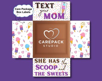 College Care Package Printable Flap Decoration, Text Your Mom, Ice Cream Party Theme College Gift Box Student