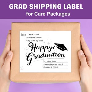 Etiqueta de dirección de envío de graduación imprimible para paquete de cuidado, etiqueta de envío fuera de la caja, descarga instantánea, graduado universitario, graduación de último año