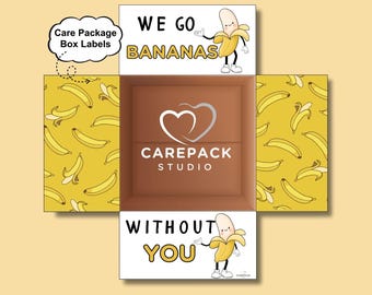 May include: A cardboard box, open and ready for packing, with a brown interior and a yellow banana pattern on the outside. The box has the text "WE GO BANANAS" and "WITHOUT YOU" with cartoon bananas. The box also has the text "CAREPACK STUDIO".