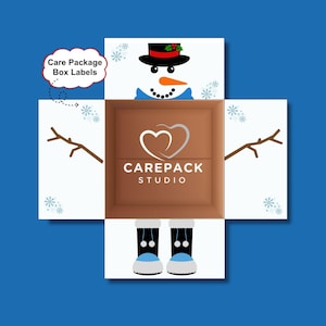 Weißer Schneemann Pflege Paket Etiketten, druckbare Dekoration für Box Klappen, Winter Care Box Weihnachten Militärfamilien oder College Kids