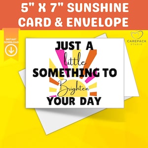 Sunshine afdrukbare 5 x 7 wenskaart direct downloaden, blanco notitiekaart voor gele vrolijke Care Box cadeau voor vrienden, afdrukbare envelop