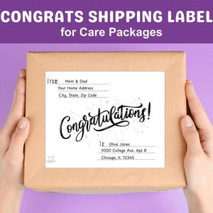 Etiqueta de envío imprimible de felicitaciones para caja de regalo, etiqueta de dirección de paquete postal, descarga instantánea, etiqueta de felicitaciones para graduados universitarios.